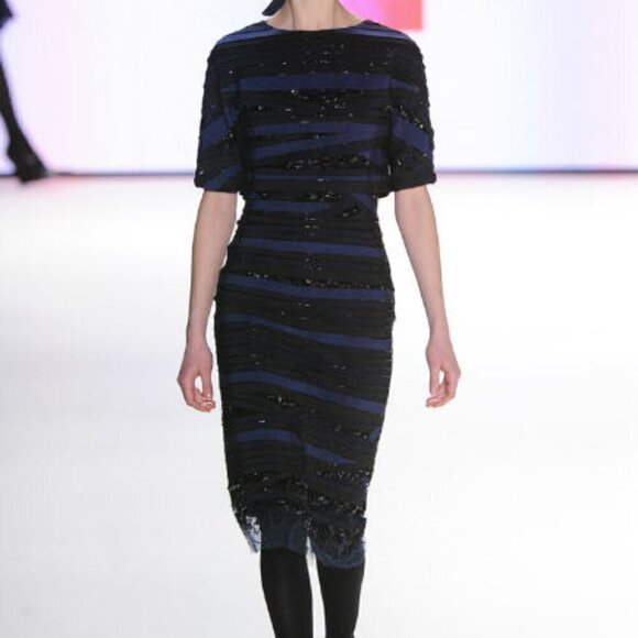Carolina Herrera Grosgrain Beaded Sequin Navy/Black Cocktail Midi Dress Fall 12' - Picture 2 of 10
